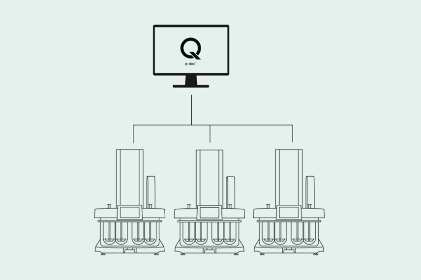 Baños de disolución manuales conectados a un ordenador personal en el que se está ejecutando el software q-doc